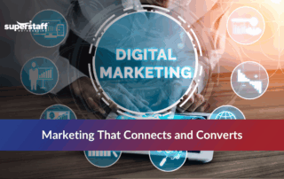 Hands using a tablet with digital marketing icons and the text "Marketing That Connects and Converts.