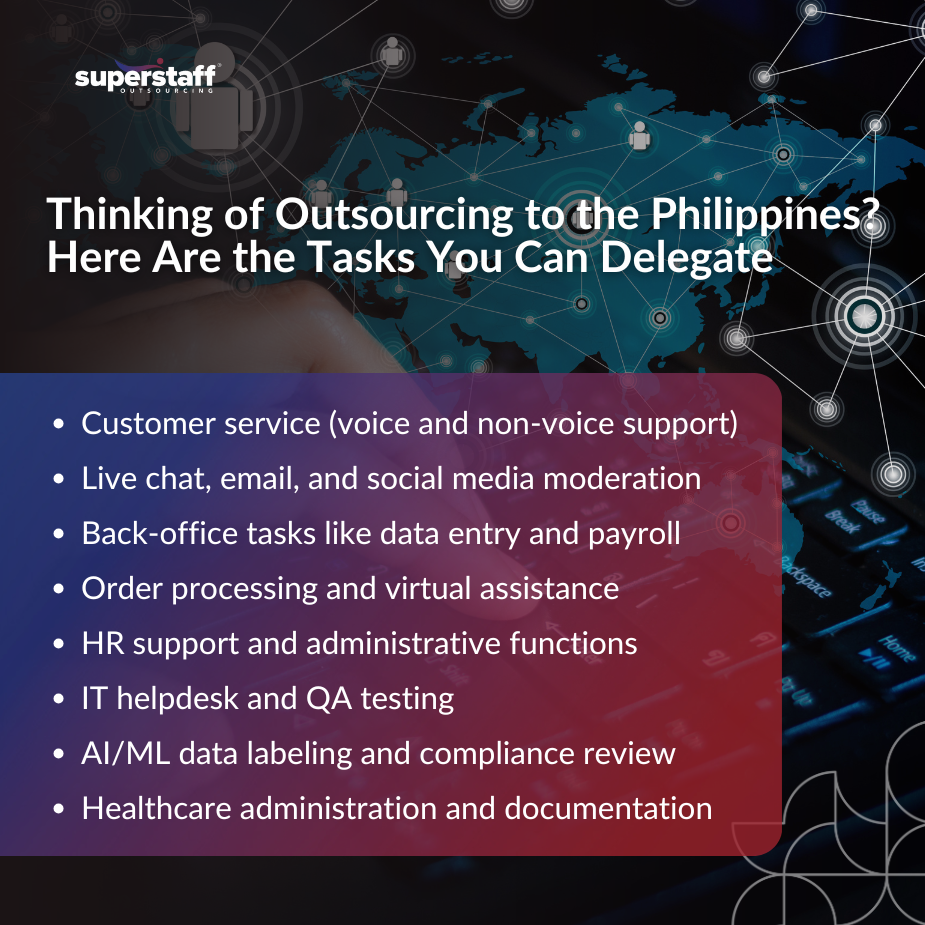 A mini infographic shows the tasks you can delegate when outsourcing to the Philippines