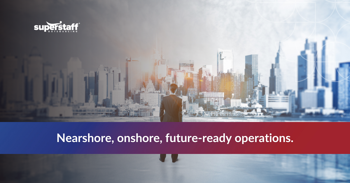 _Shaping Manufacturing Trends 2025_Featured Business professional overlooks a modern city skyline, symbolizing nearshoring and onshoring trends in manufacturing.