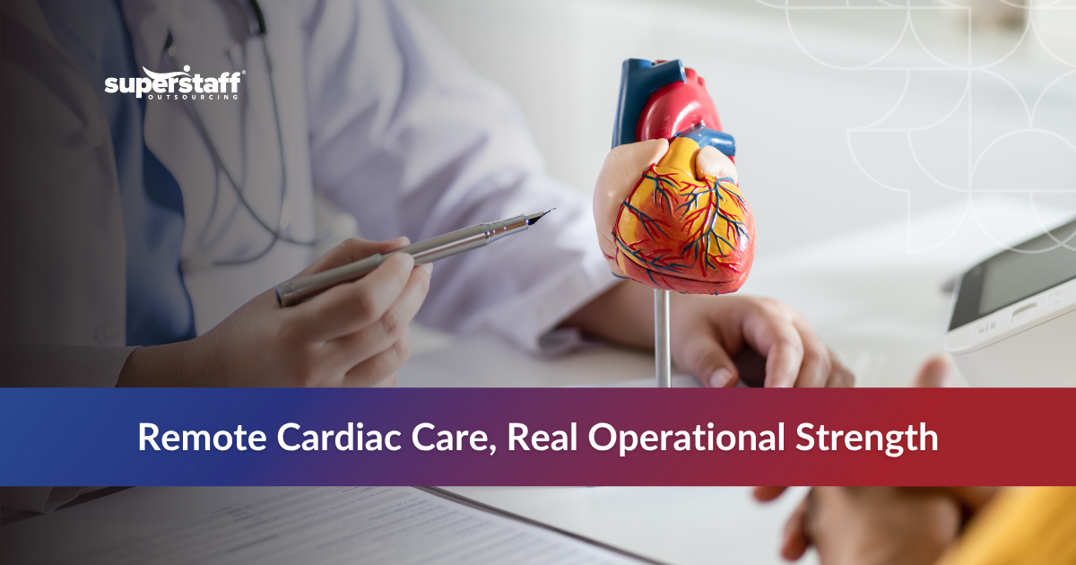 Examining a scientific heart model with text 'Remote Cardiac Care’