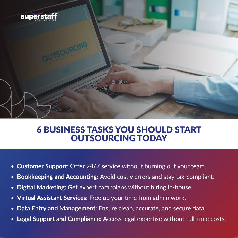 A mini infographic shows 6 business tasks you should start outsourcing today, including virtual assistant services