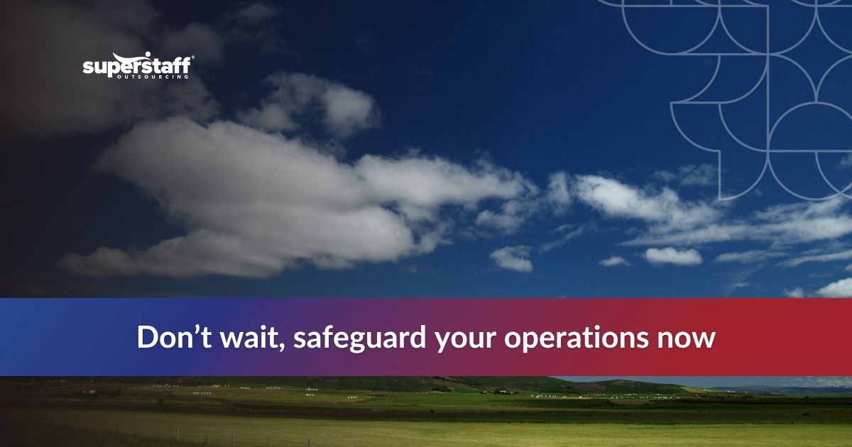 Scenic view of clouds over a green landscape with text urging businesses to safeguard their operations.