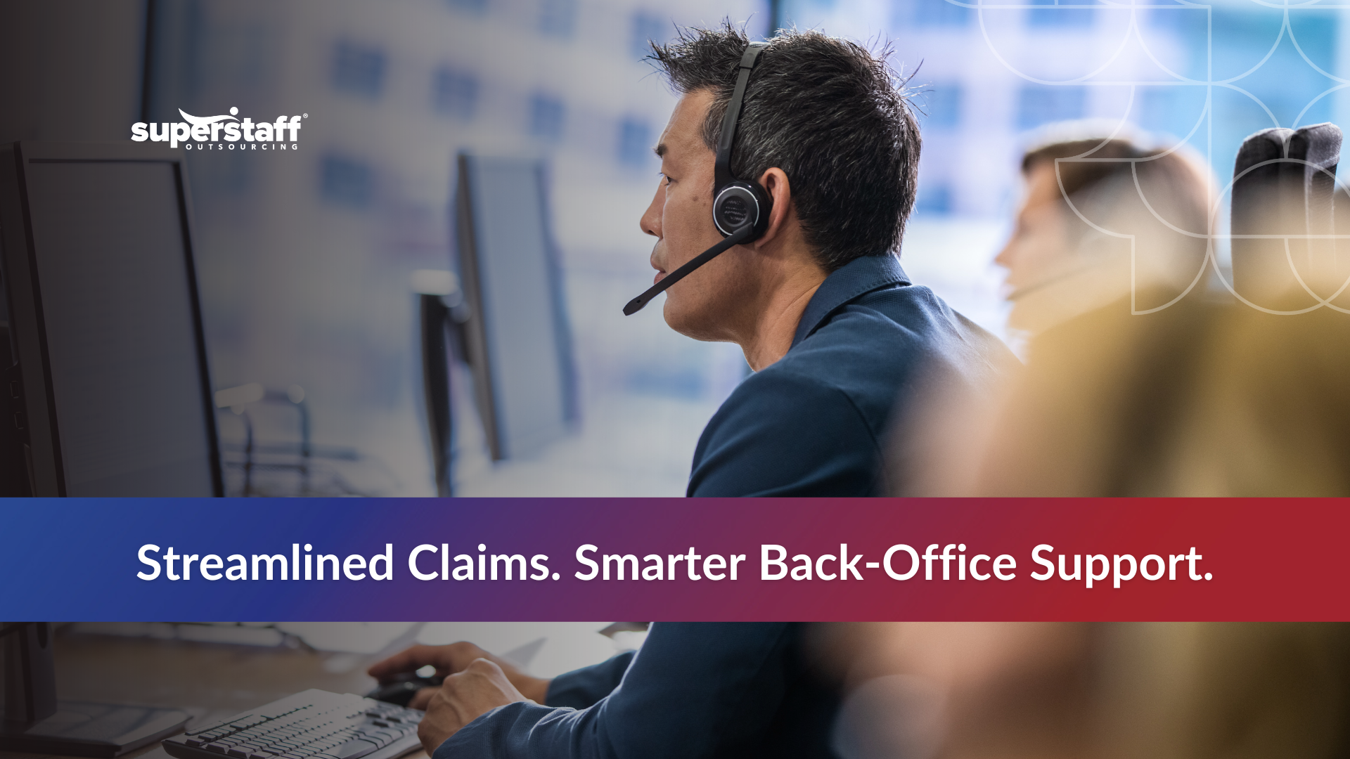 Call center agent taking calls, representing outsourcing claims processing services