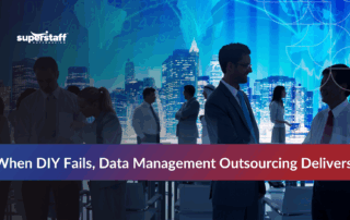 Icons related to connection and people, suggesting data management outsourcing