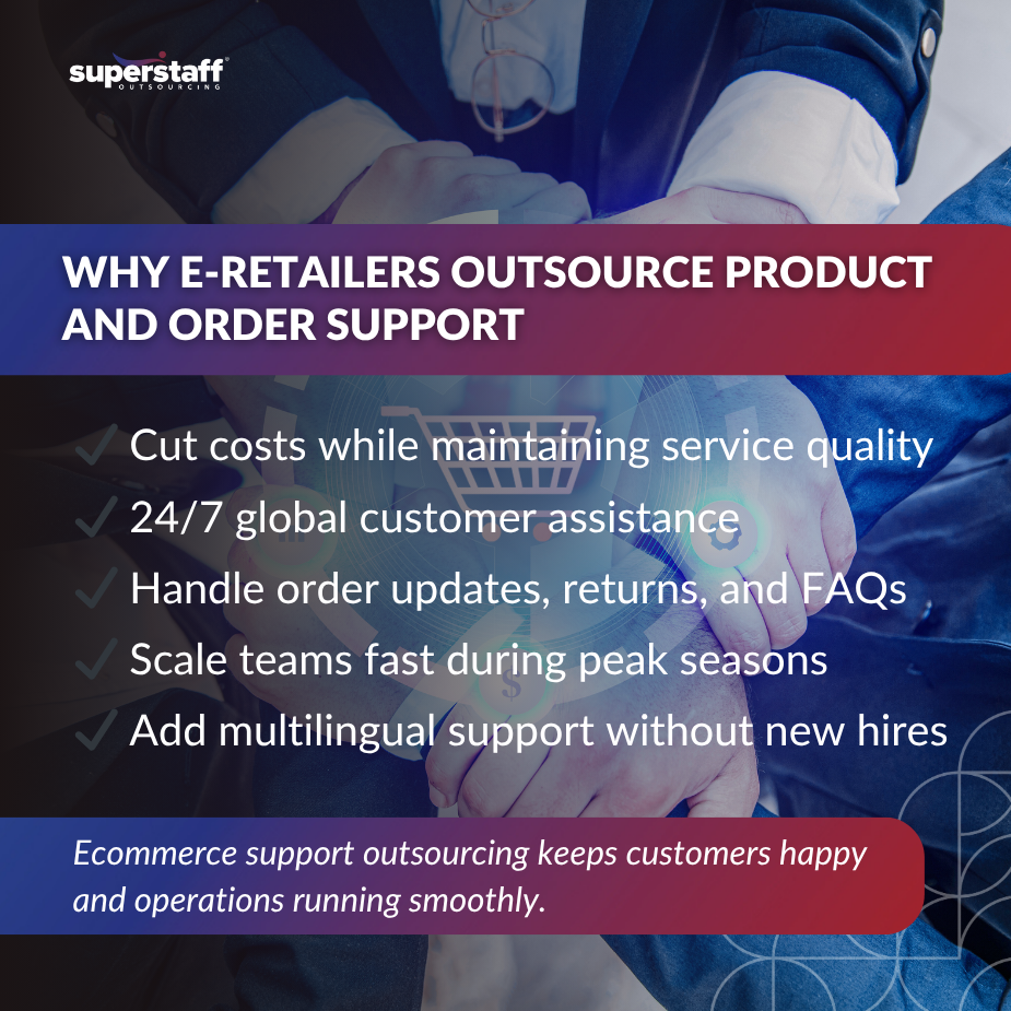 _E-Retailers Are Delegating_MI Hands with digital shopping icons, symbolizing eCommerce support outsourcing services.