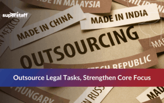 Labels showing "Made in" countries and the word "Outsourcing," emphasizing global legal support options.