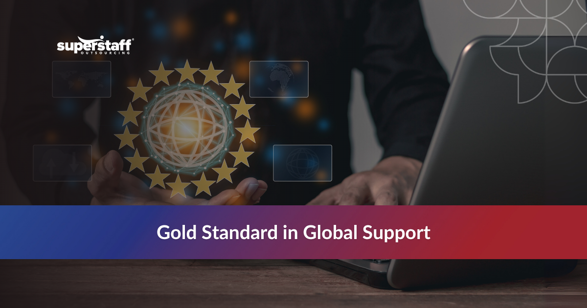 Gold Standard_Featured Man working on a laptop with gold star icons, representing excellence in Philippine outsourcing.