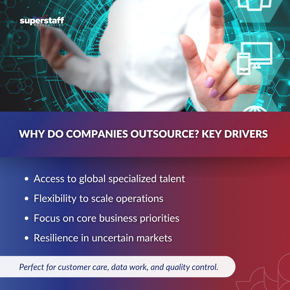 A professional discussing outsourcing models, highlighting key drivers like talent access and operational flexibility.