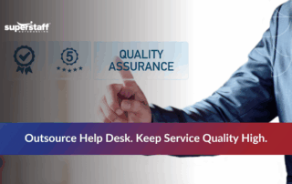 Graphic explaining help desk outsourcing benefits, highlighting the transition, solutions, and SuperStaff's expertise.