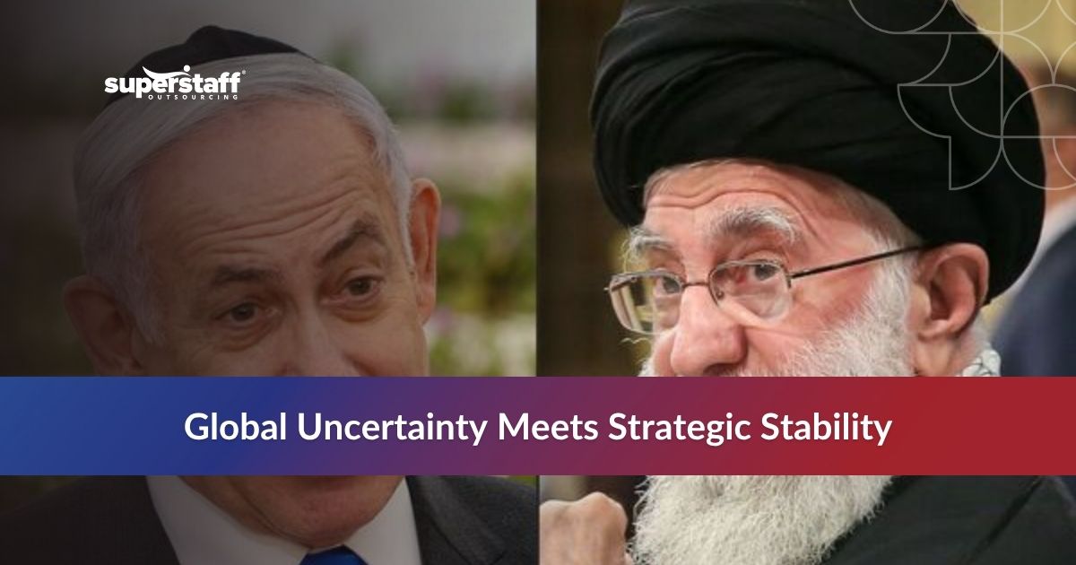 Image of Israeli and Iranian leaders with SuperStaff logo, highlighting global risks and the advantages of outsourcing.
