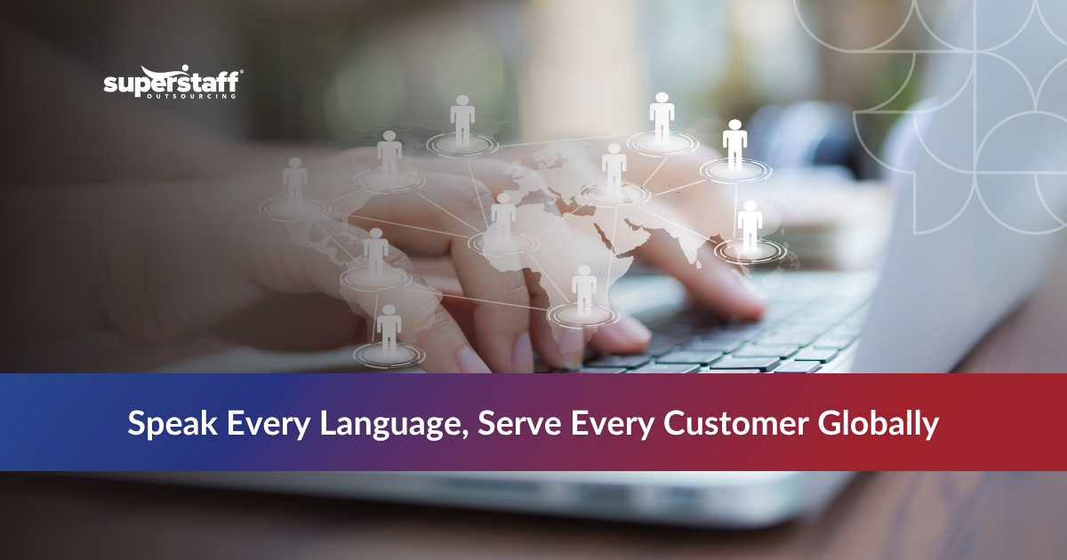 _Outsourcing Multilingual _Featured (1) Hand typing with floating icons, representing multilingual call center services.