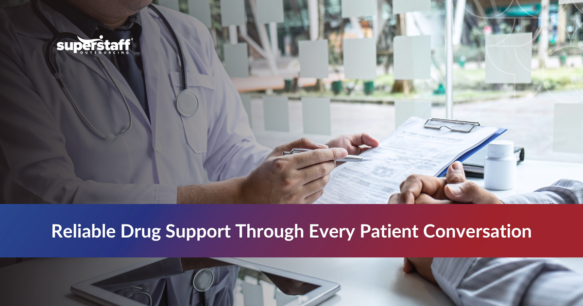 Pharmaceutical Call Center_Featured Doctor presenting patient files during a consultation, representing pharmaceutical call center support and patient engagement in healthcare.