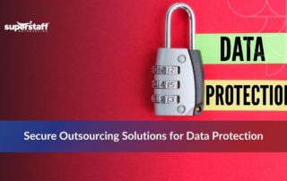 Colorful blocks with padlock icons emphasize key points about BPO data security in a professional setting.