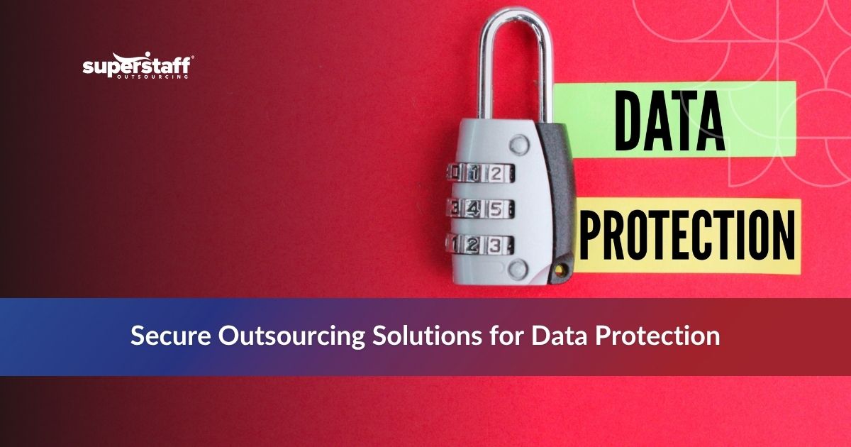Colorful blocks with padlock icons emphasize key points about BPO data security in a professional setting.