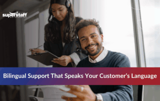 Smiling Spanish call center agents representing professional support services for outsourcing in Spanish.