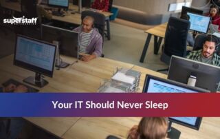 Call center agents working, symbolizing companies that outsource IT support for 24/7 service