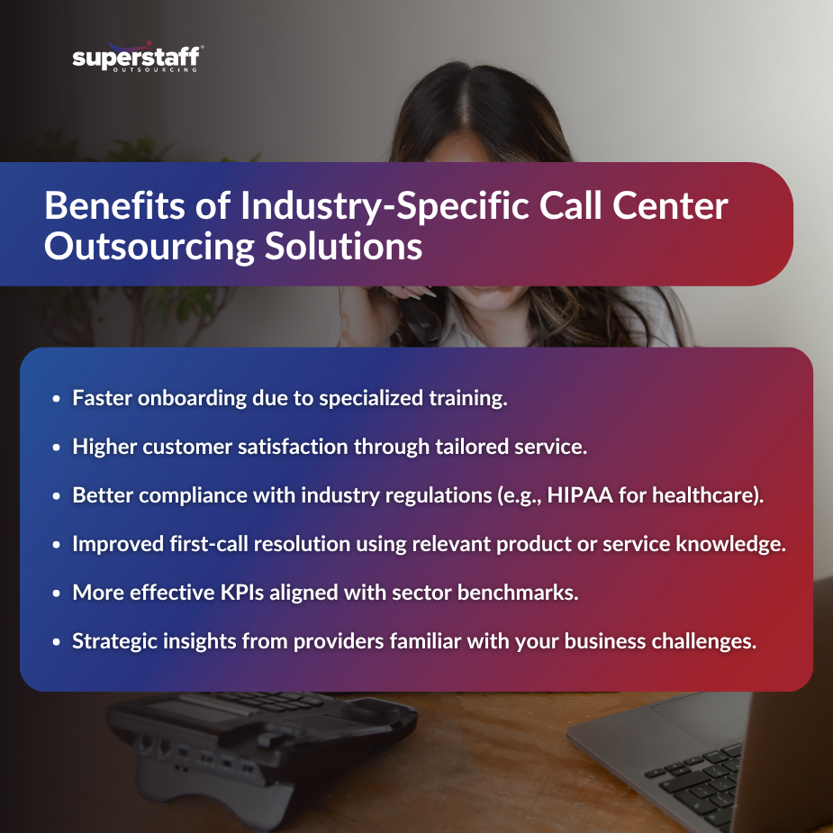 Graphic showing benefits of industry-specific call center outsourcing solutions, highlighting customer satisfaction and compliance.