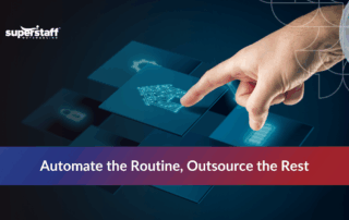 Hand touching screen with text about AI outsourcing