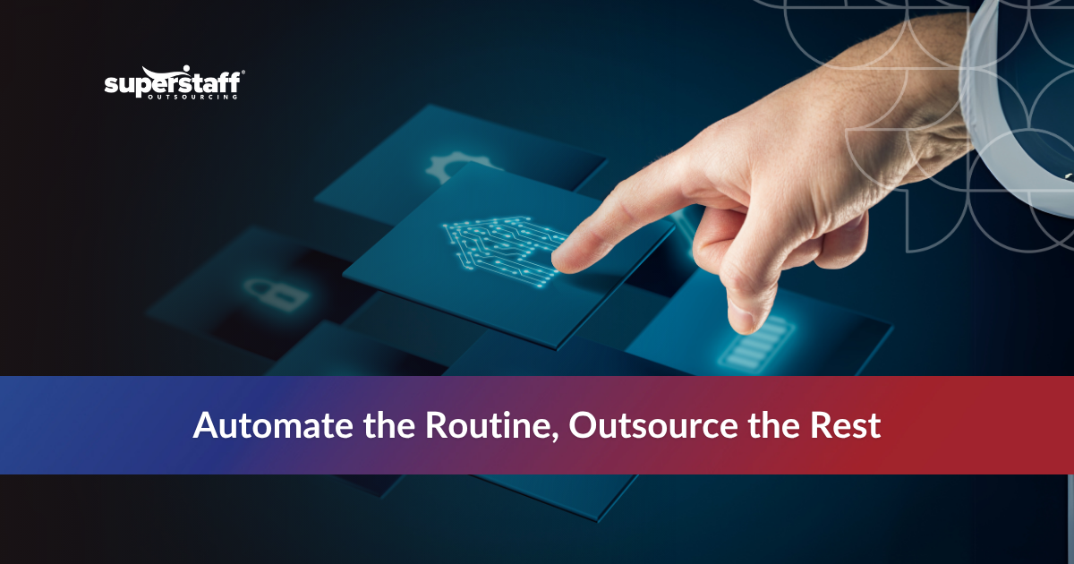 Hand touching screen with text about AI outsourcing