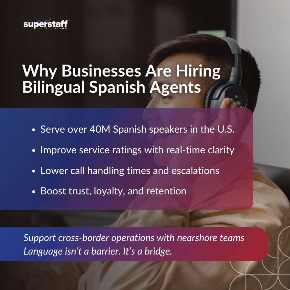 Man wearing headphones highlights the benefits of call center bilingual Spanish agents in business operations.