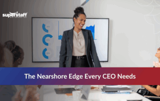 Nearshoring benefits shown with a business team collaborating across connected markets.