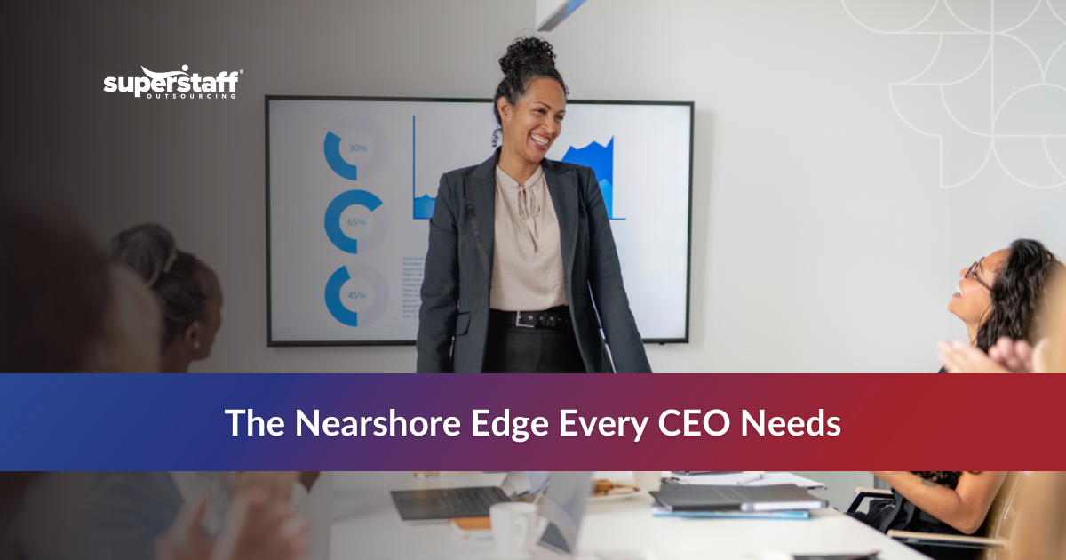 Nearshoring benefits shown with a business team collaborating across connected markets.