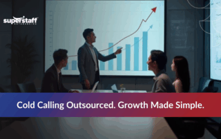 Professional showcasing benefits of cold calling outsourcing in a vibrant graphic with key advantages listed.