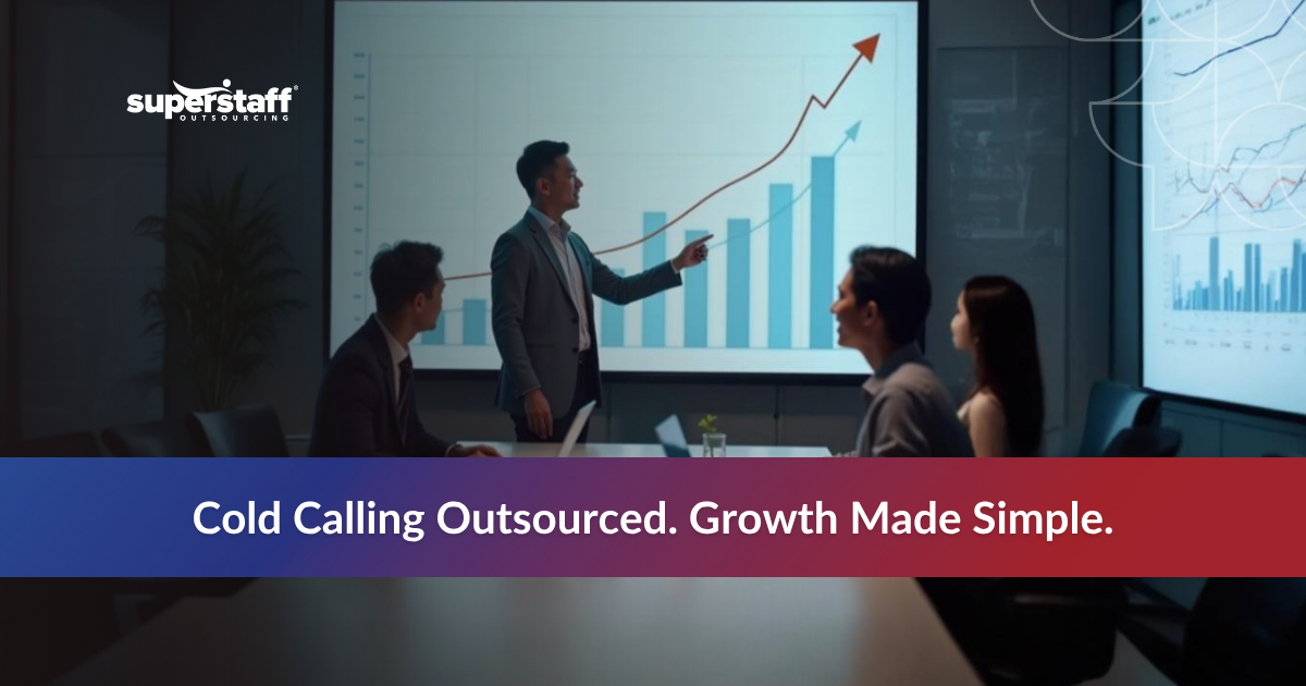 Professional showcasing benefits of cold calling outsourcing in a vibrant graphic with key advantages listed.