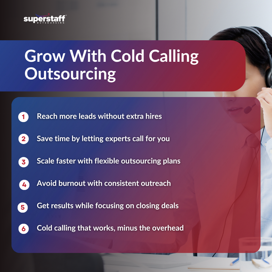 Professional showcasing benefits of cold calling outsourcing in a vibrant graphic with key advantages listed.