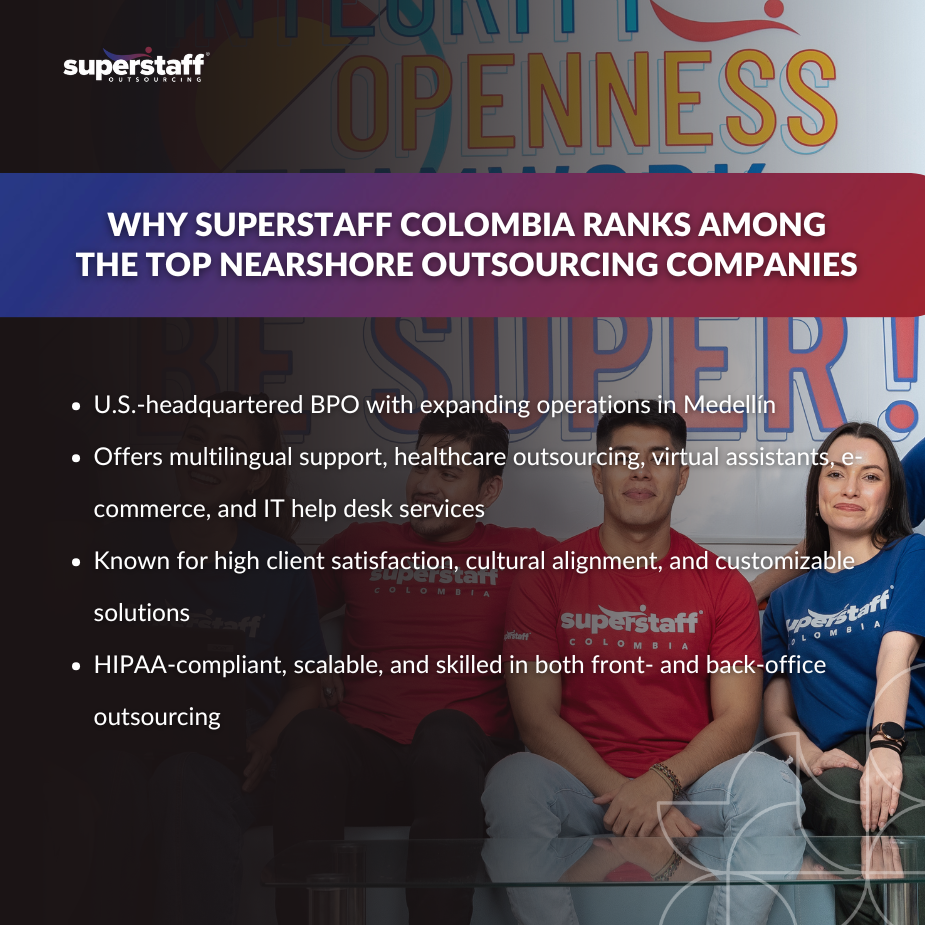 Superstaff Colombia team showcases diverse services, ranking among top nearshore outsourcing companies.