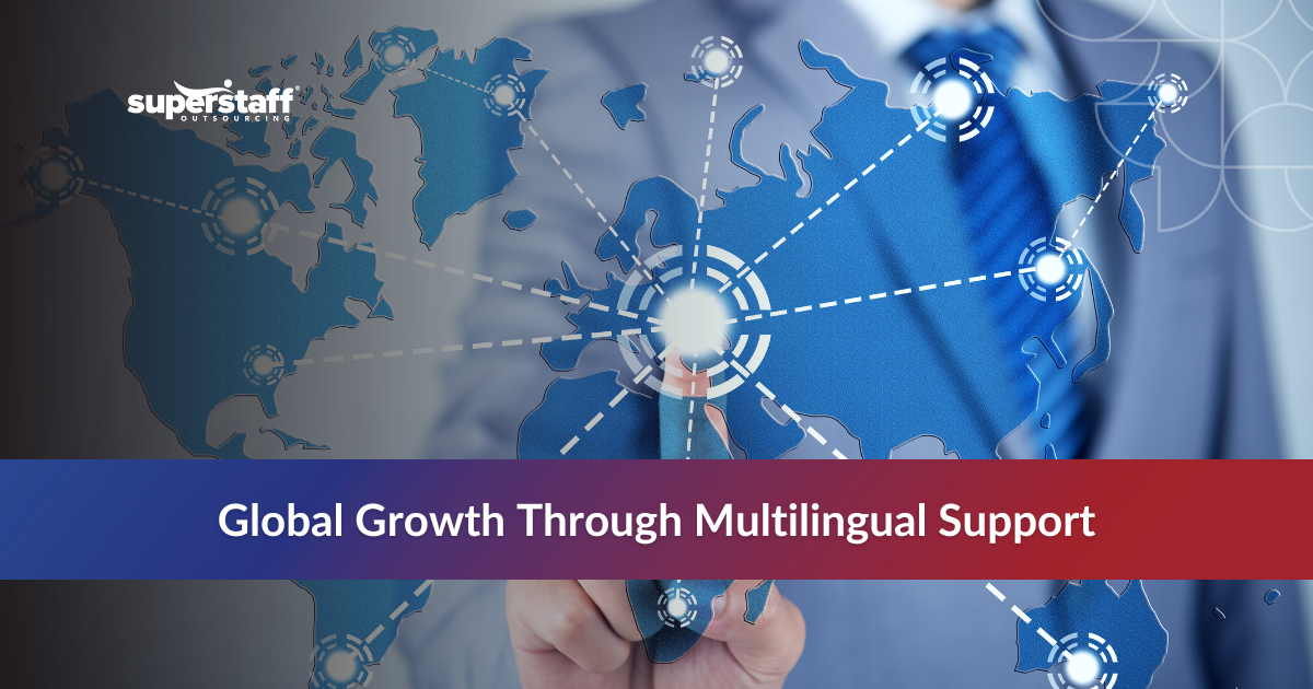 Multilingual customer service representative symbolized by globe icon with global connection icons.