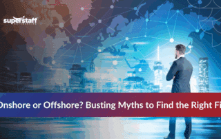 Graphic comparing myths and facts about onshore vs offshore outsourcing, highlighting misconceptions and realities.