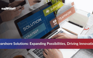Laptop screen with support icons representing nearshore solutions.