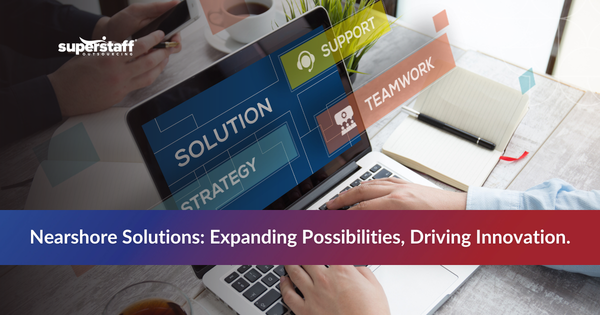 Laptop screen with support icons representing nearshore solutions.