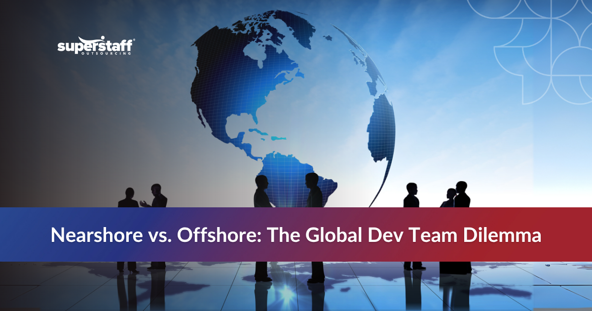 Nearshore vs Offshore_Featured Globe icon with people silhouettes illustrating the concept of nearshore vs offshore outsourcing.