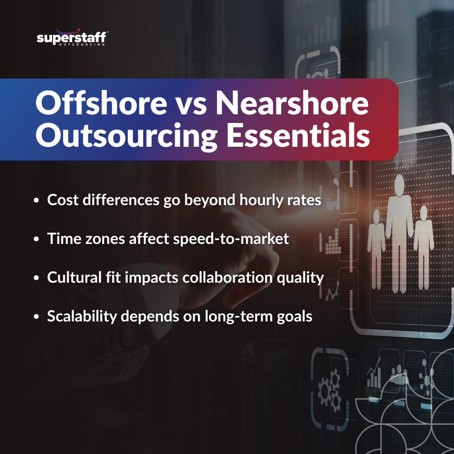 Key points on offshore vs nearshore outsourcing displayed on a digital background, highlighting cost and collaboration factors.