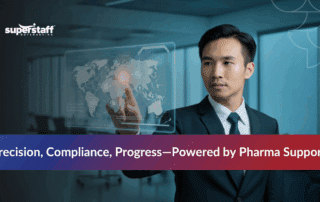 Pharmaceutical support services with man pointing at a holographic map