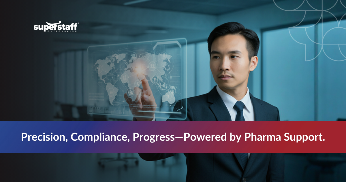 Pharmaceutical_Featured Pharmaceutical support services with man pointing at a holographic map
