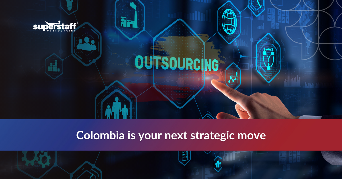Graphic on Colombia outsourcing benefits, highlighting innovation, workforce skills, and favorable time zones.