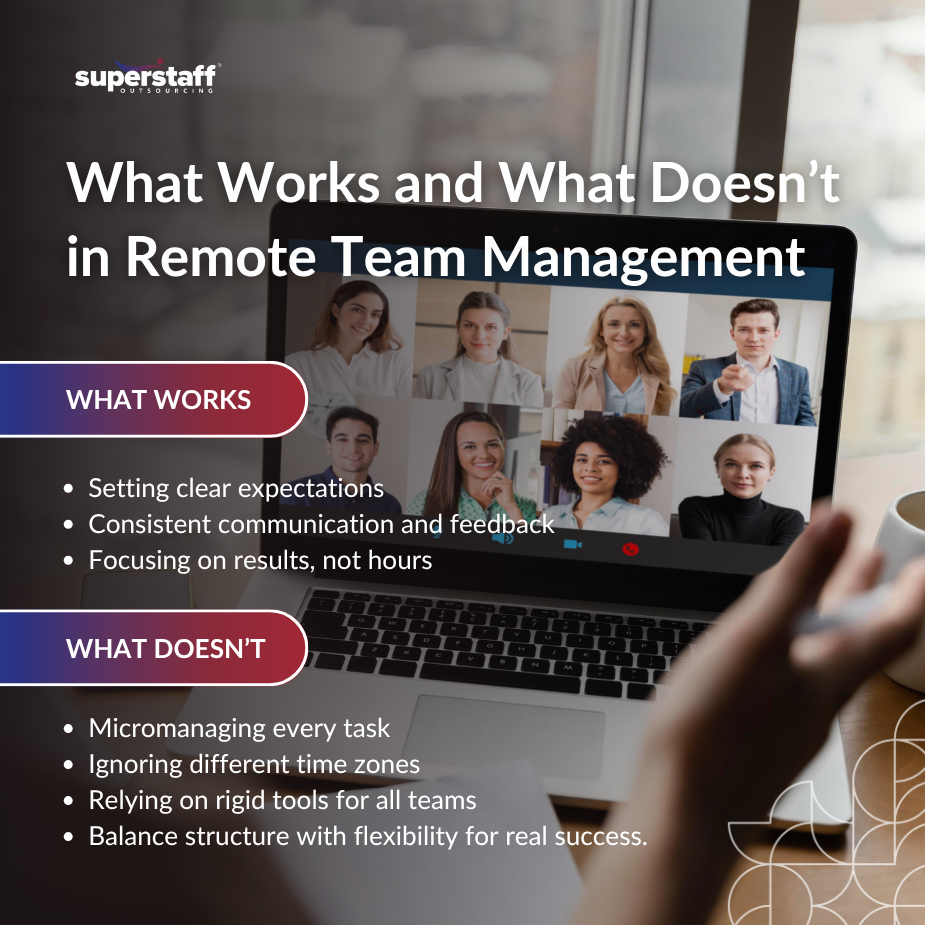 A laptop showing a video call with multiple participants, illustrating effective remote team management strategies.