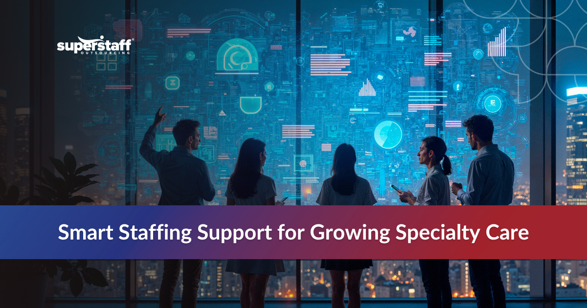 Specialty Healthcare_Featured Scalable healthcare staffing solutions illustrated on a presentation slide, highlighting key challenges and solutions.