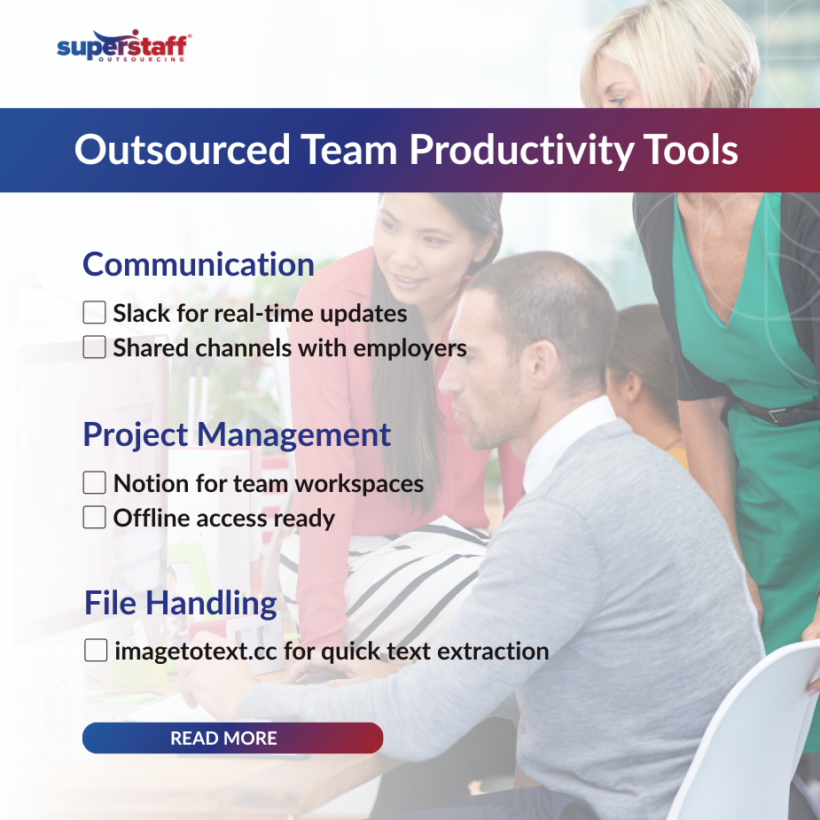 Outsourced team productivity tools and communication platforms for remote works