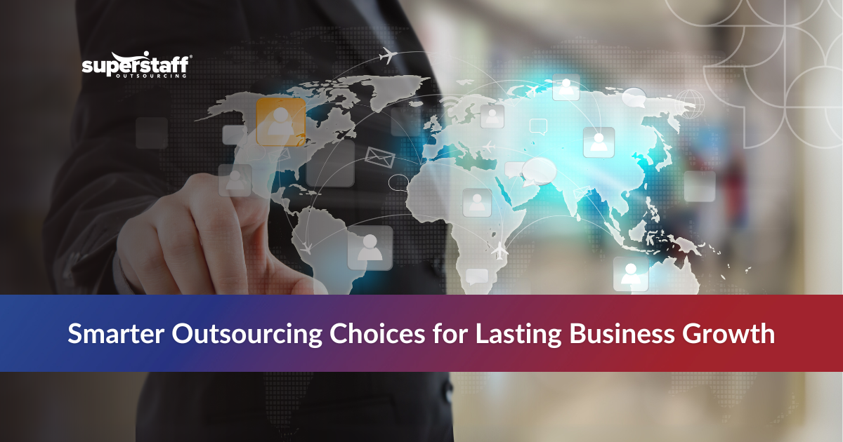 Efficiency_Featured Hand pointing at the US on a world map, representing US companies that outsource for global growth.