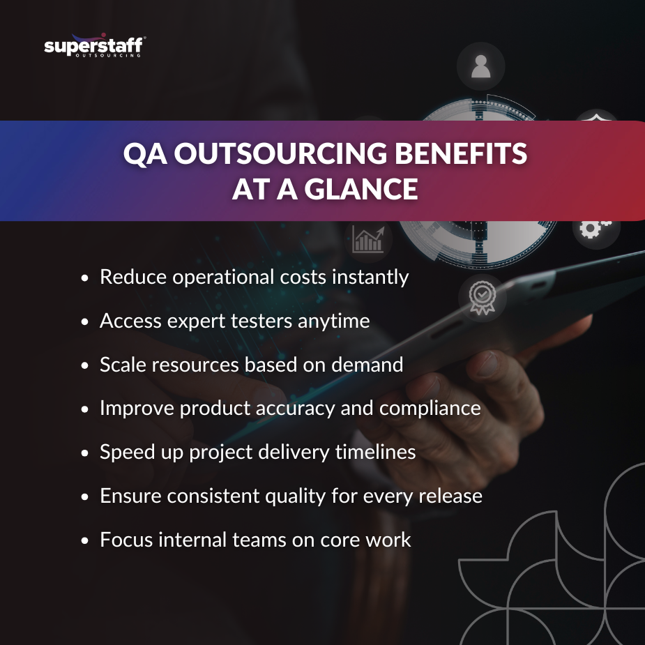 Infographic highlighting key benefits of qa outsourcing service, such as cost reduction and access to expert testers.