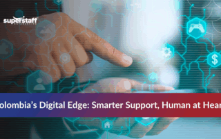 Human and robot hands reaching toward digital interface showing outsourced tech support with AI integration benefits
