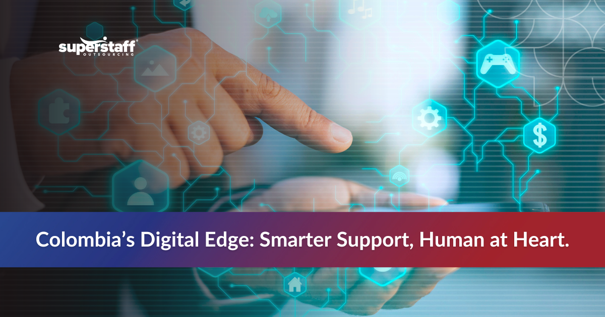 Human and robot hands reaching toward digital interface showing outsourced tech support with AI integration benefits