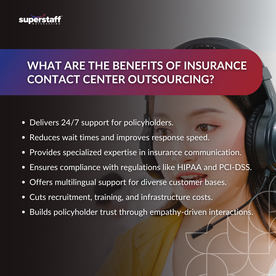 Insurance contact center outsourcing benefits infographic with customer service representative wearing headset