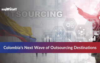 Colombian flag with outsourcing icons representing outsourcing in Colombia.
