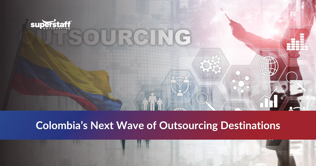 Colombian flag with outsourcing icons representing outsourcing in Colombia.