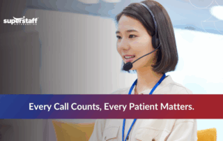 Call center agent working and representing a dental answering service that supports patient communication and appointment scheduling.